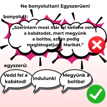 Egy időben csak egy információt közöljön. Rövid, egyszerű mondatokat használjon.